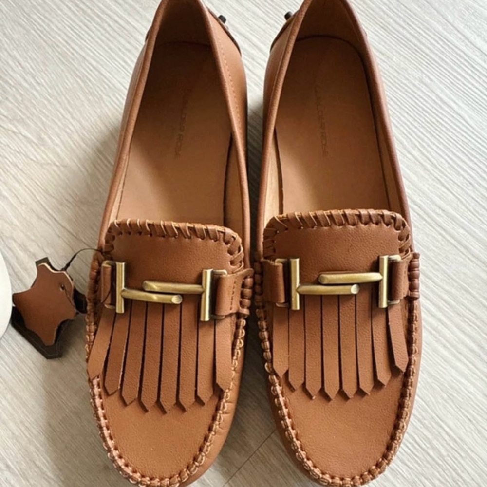 Women's Tan Loafers with Fringe Detail / Genuine Leather